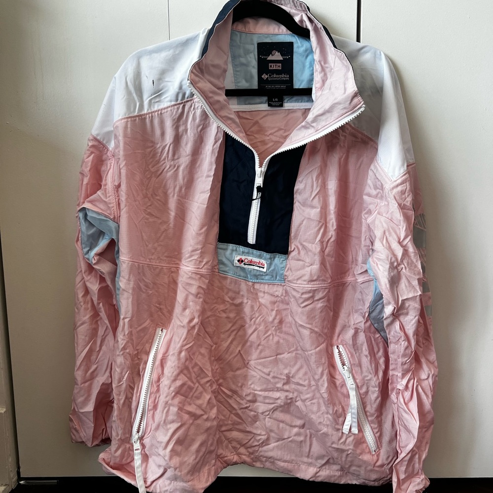 Kith x Columbia windbreaker track suit in navy blue and baby pink